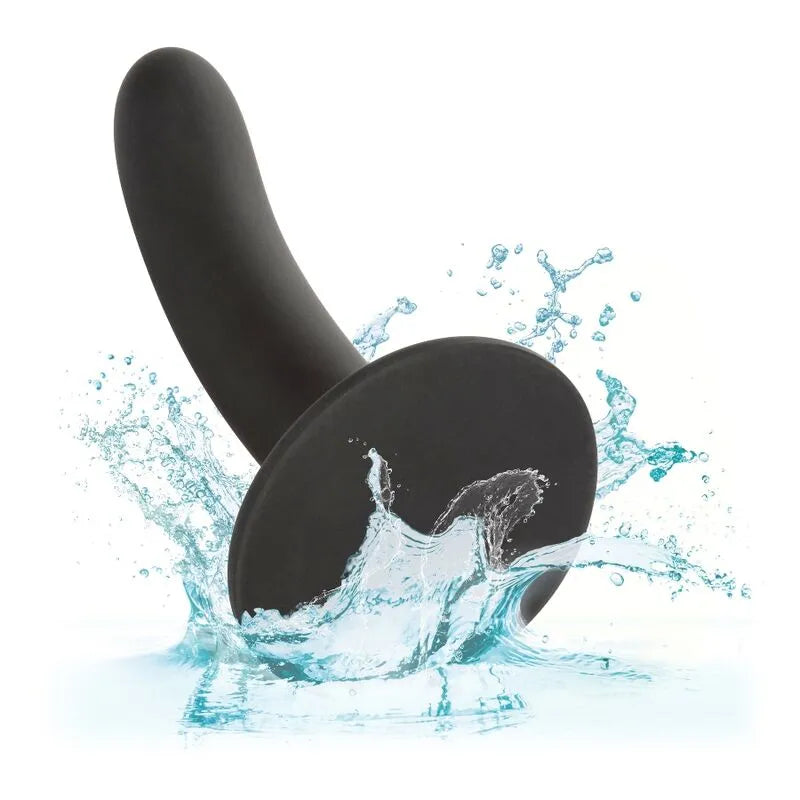 Gode noir en silicone incurvé avec ventouse, hypoallergénique, sans phtalates, pour stimulation profonde ergonomique.