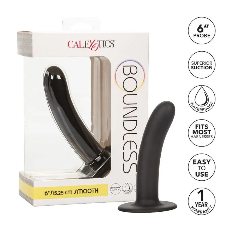 Gode noir en silicone incurvé avec ventouse puissante, base lisse, compatible harnais, dans emballage CalExotics.