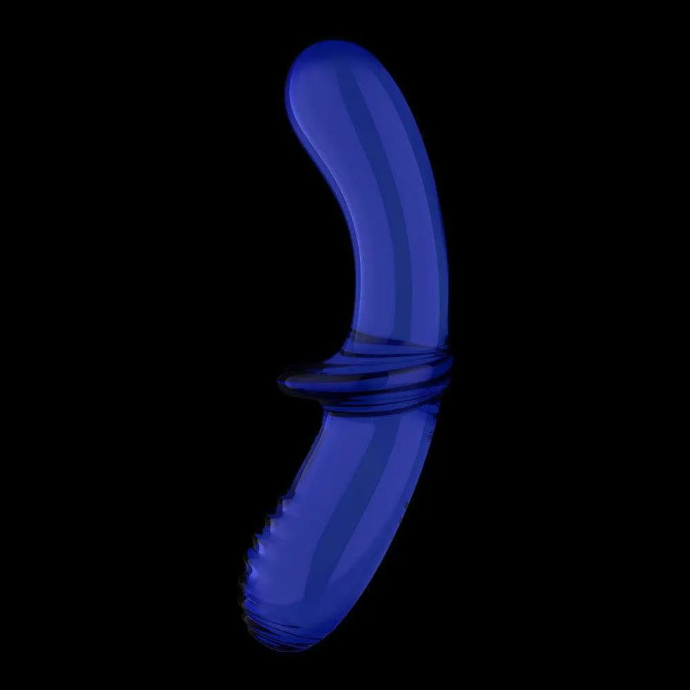 Gode en verre borosilicaté bleu, forme courbée, base large, texture lisse, polyvalent pour stimulation sensorielle.