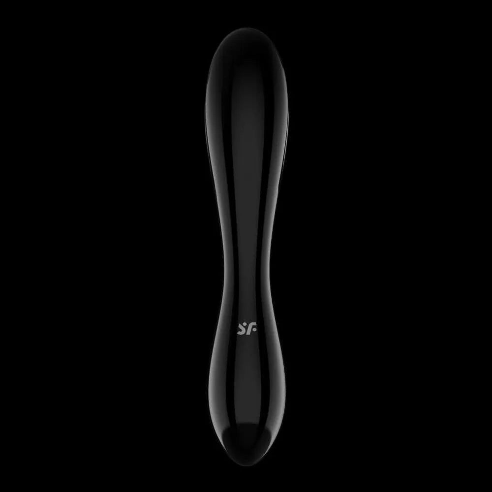 Gode en verre noir borosilicate, forme élégante, double surfaces texturées pour stimulation G-Spot, usage unisexe.