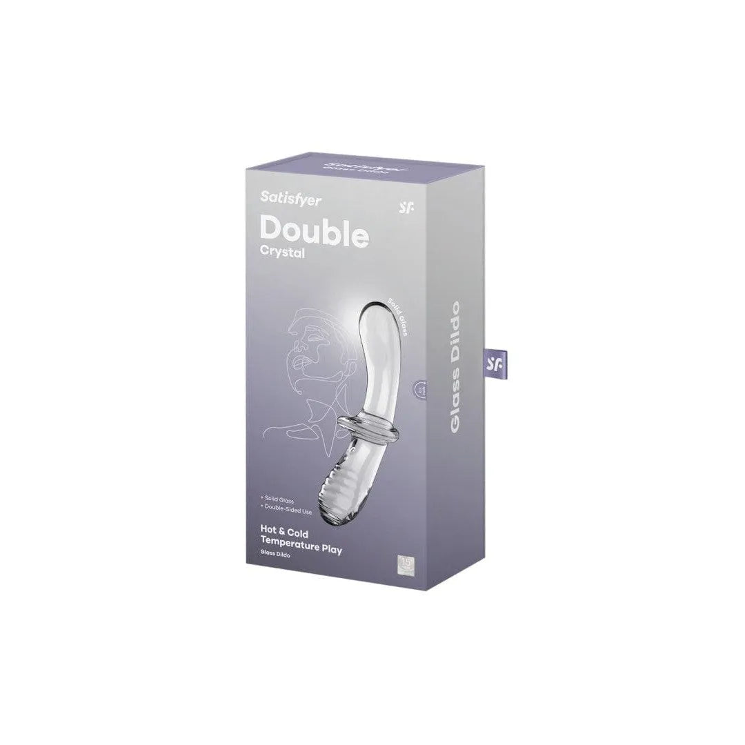 Gode en verre borosilicaté transparent, double face, ergonomique, avec base large, dans une boîte élégante.