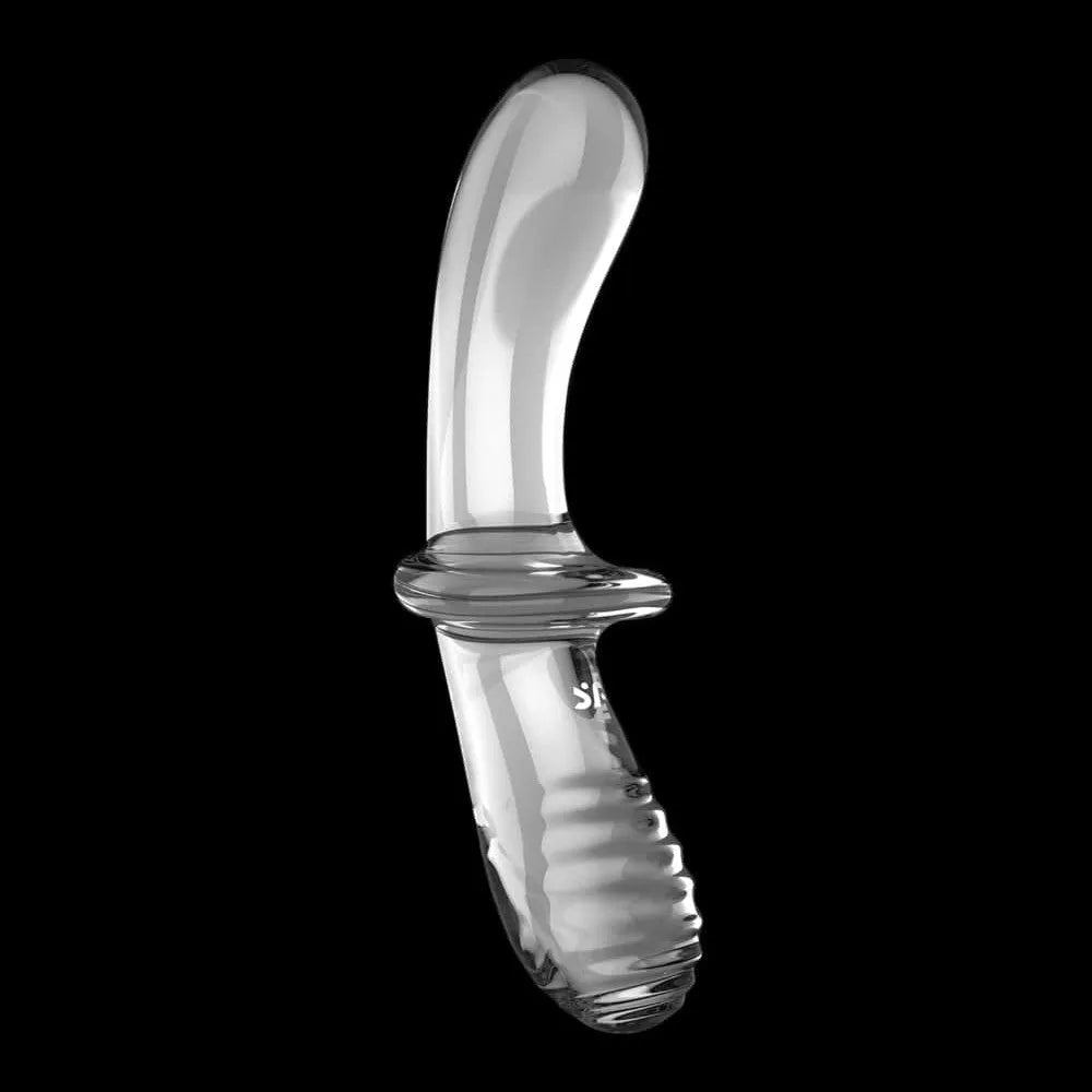 Gode en verre borosilicaté transparent, double face, ergonomique, base large, stimulation vaginale et anale.