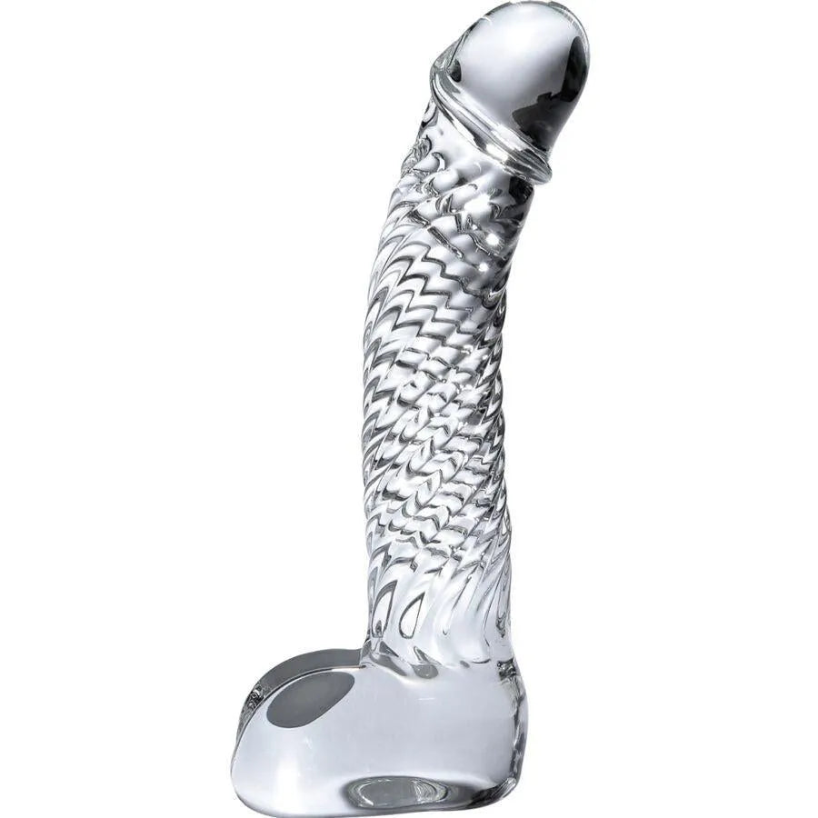 Gode verre luxe stimulation point G courbé pointe effilée tête prononcée veiné base plate stable compatible harnais hypoallergénique chauffable durable