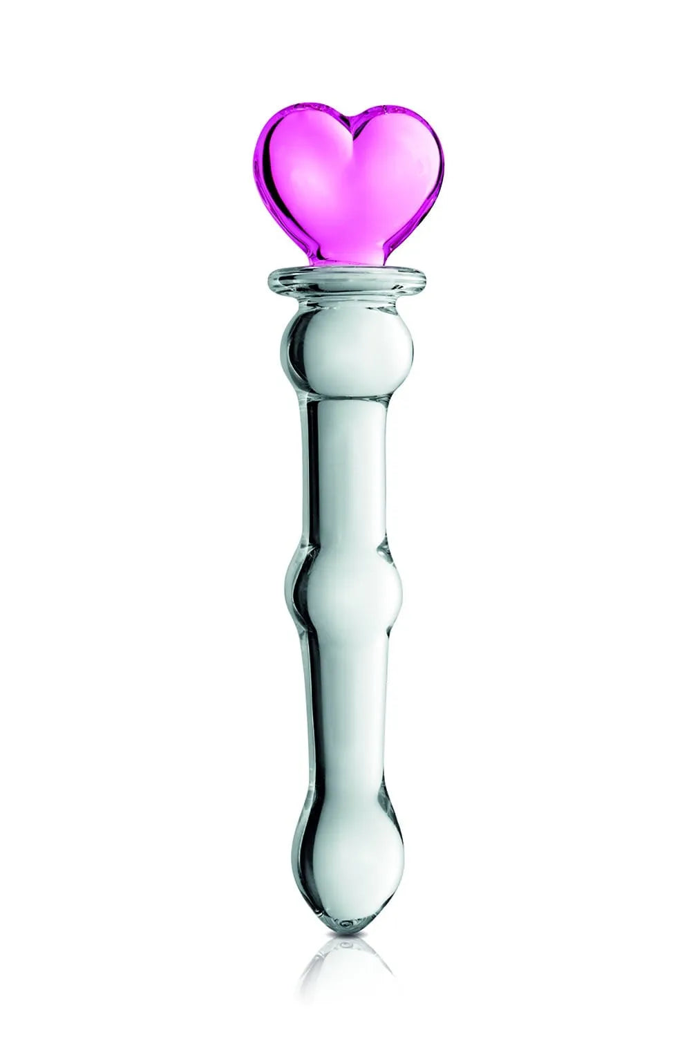 Gode en verre transparent avec détails boules, cœur rose, 20 cm, diamètre graduel, chauffable et rafraîchissable.