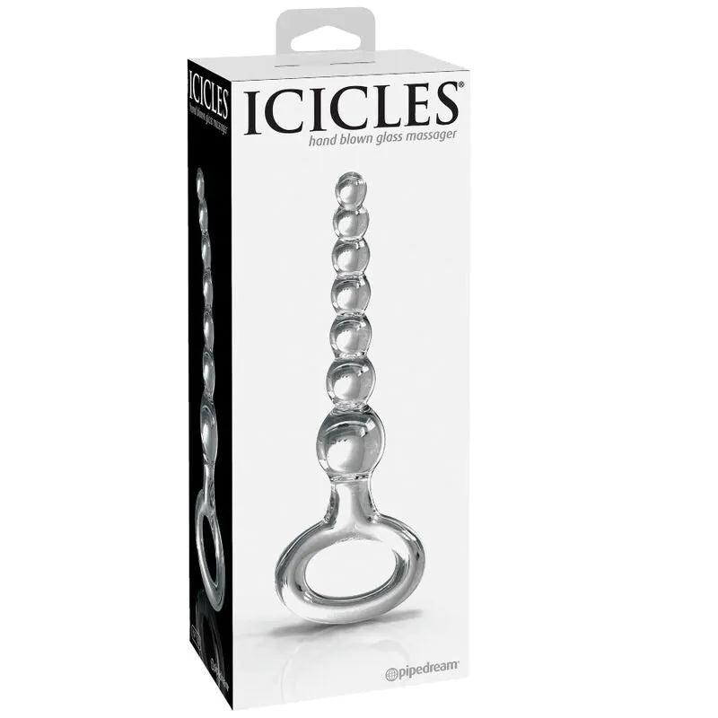 Gode en verre transparent hypoallergénique, forme lisse et ergonomique, design artisanal unique sur fond blanc.