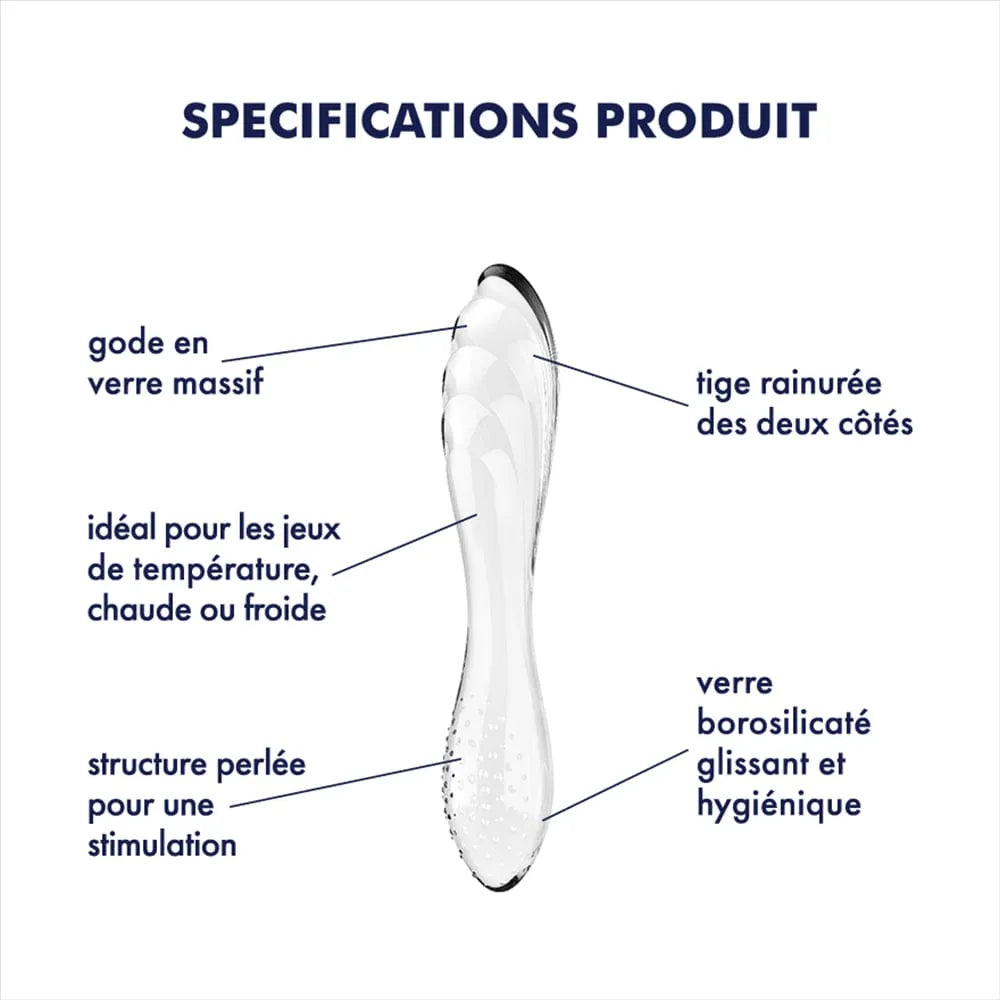 Gode en verre noir texturé, double extrémité, stimulation point G, ergonomique, borosilicaté, résistant, élégant.