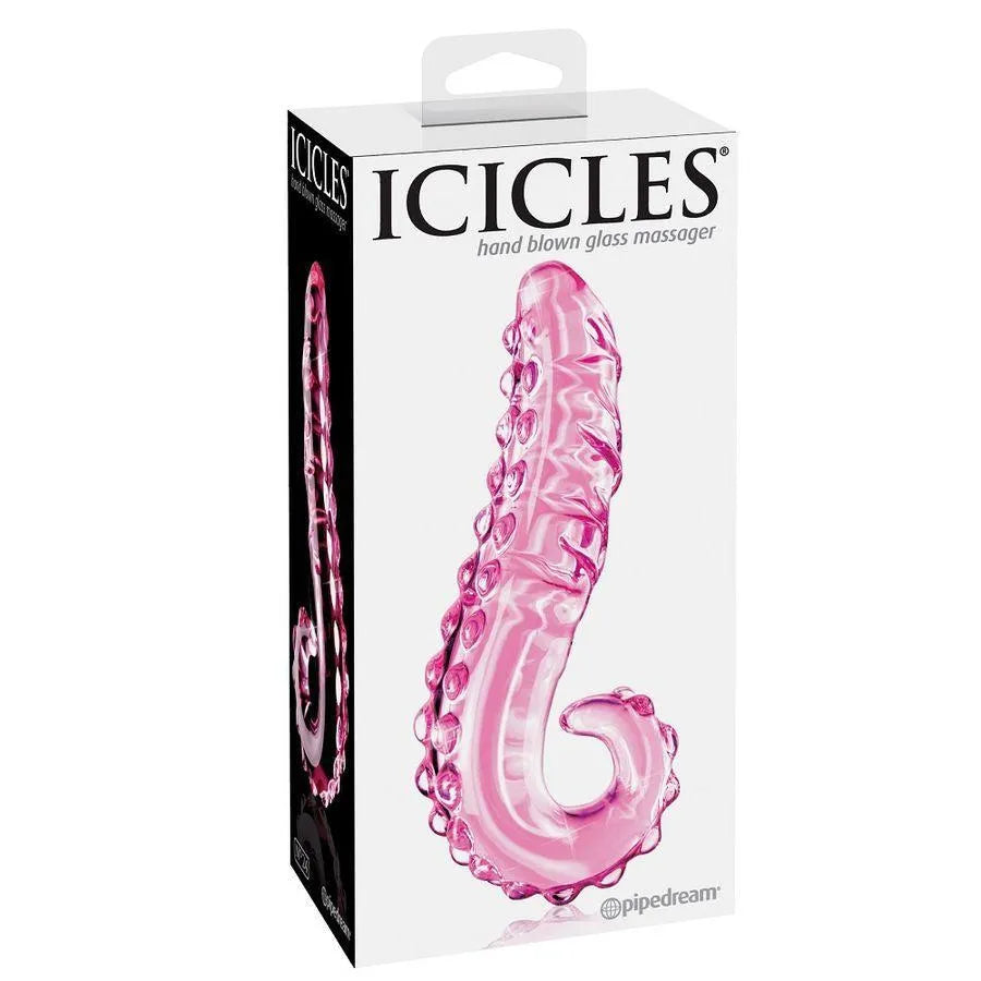 Gode en verre soufflé rose, lignes fluides, texture unique, hypoallergénique, élégant, dans emballage Icicles.