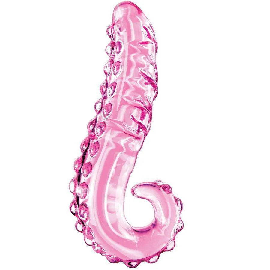 Gode en verre soufflé rose, lignes fluides, texture ondulée, hypoallergénique, élégant et durable.