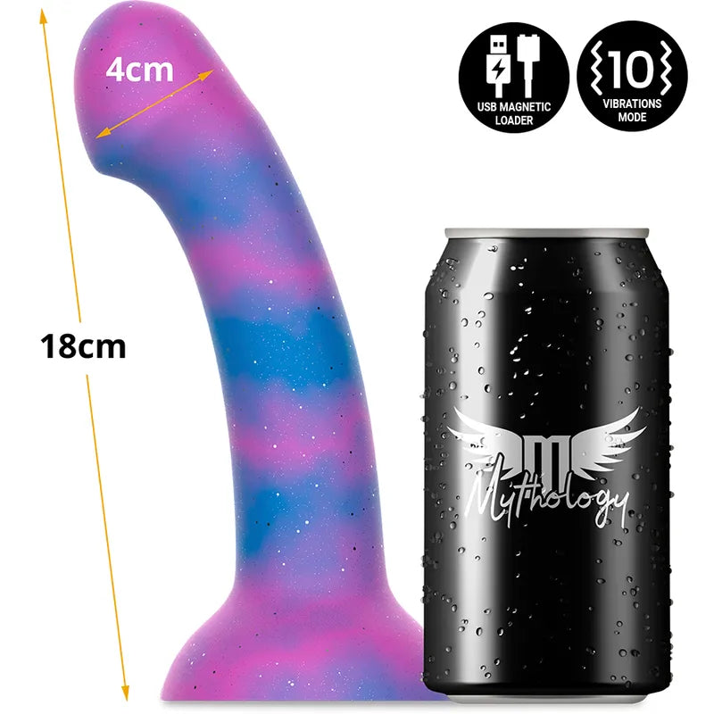 Gode galactique vibrant silicone, courbé, couleurs bleu et rose, 18cm, 10 modes, rechargeable magnétique, lubrifiant inclus.