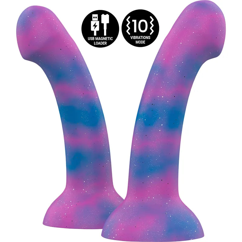 Gode galactique silicone vibrant, courbé, couleurs rose et bleu, finition étoilée, 10 modes, charge magnétique USB.