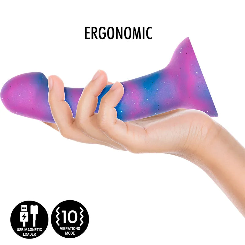 Gode galactique vibrant en silicone médical, courbé, couleurs cosmos, ergonomique, rechargeable, 10 modes de vibration.