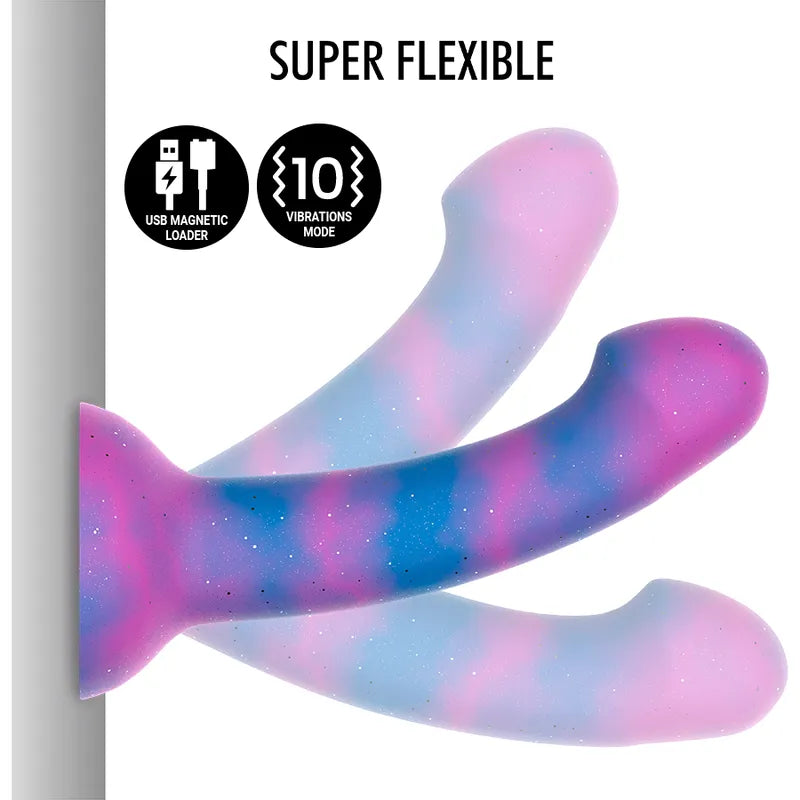 Gode galactique vibrant en silicone, couleurs rose et bleu, courbé pour point G, rechargeable, flexible, 10 modes.