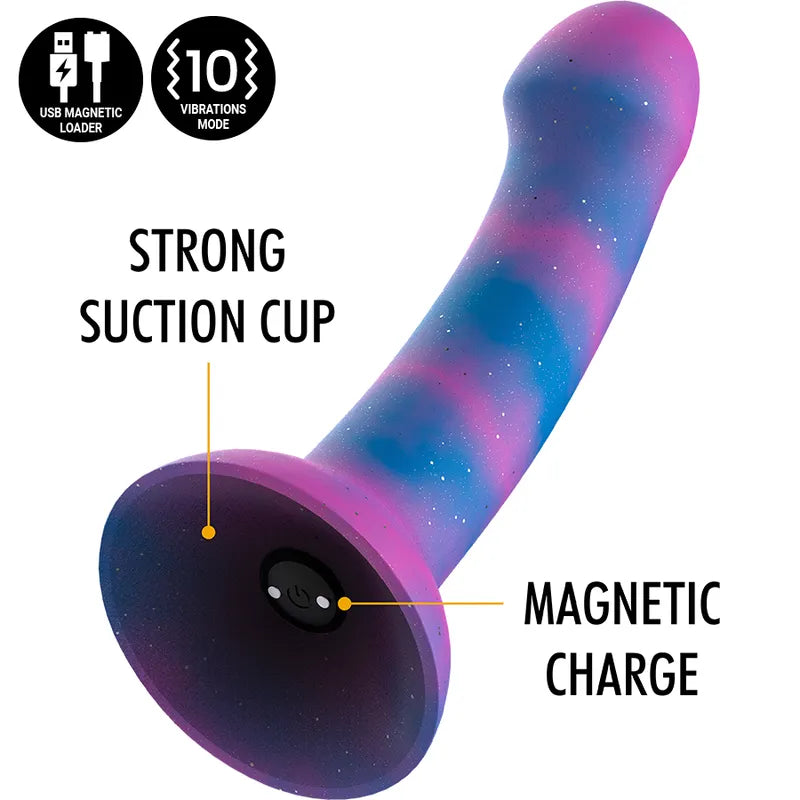 Gode galactique silicone vibrant, couleurs violet et bleu, courbé pour point G, base ventouse, recharge magnétique.