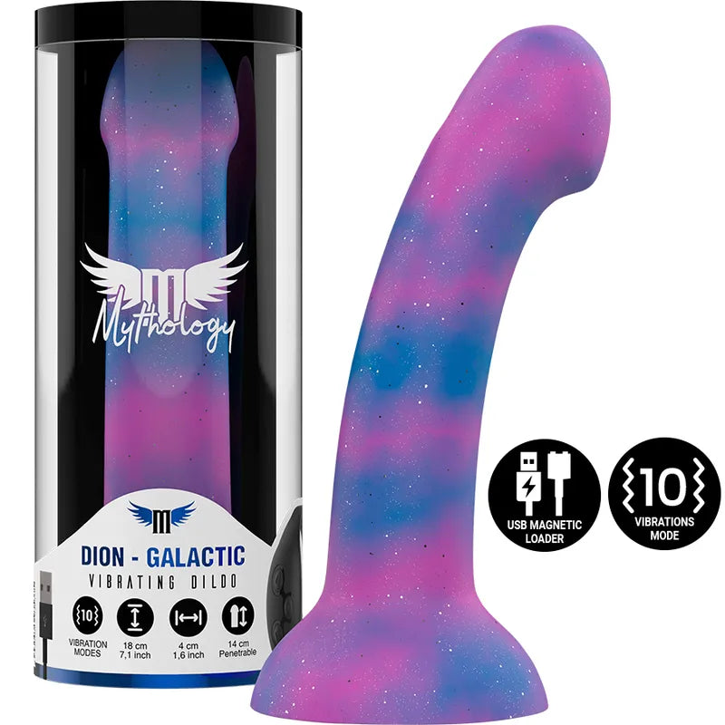 Gode vibrant galactique courbé silicone rose-violet, finition scintillante, ergonomique, rechargeable, 10 modes vibration.