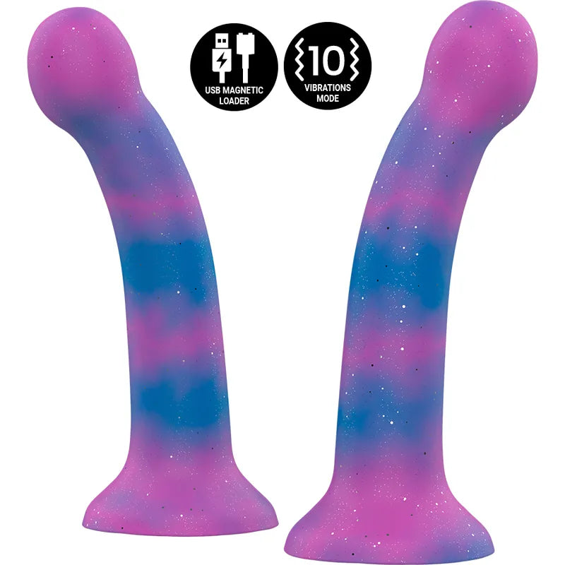 Gode vibrant galactique silicone courbé violet-bleu, finition scintillante, stimulation ciblée, rechargeable magnétique.
