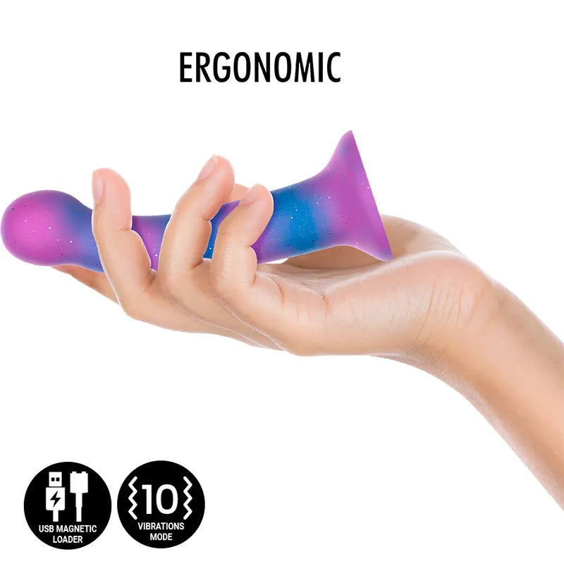 Gode vibrant galactique silicone, courbé, couleurs violet et bleu, stimulation ciblée, 10 modes de vibration, rechargeable.