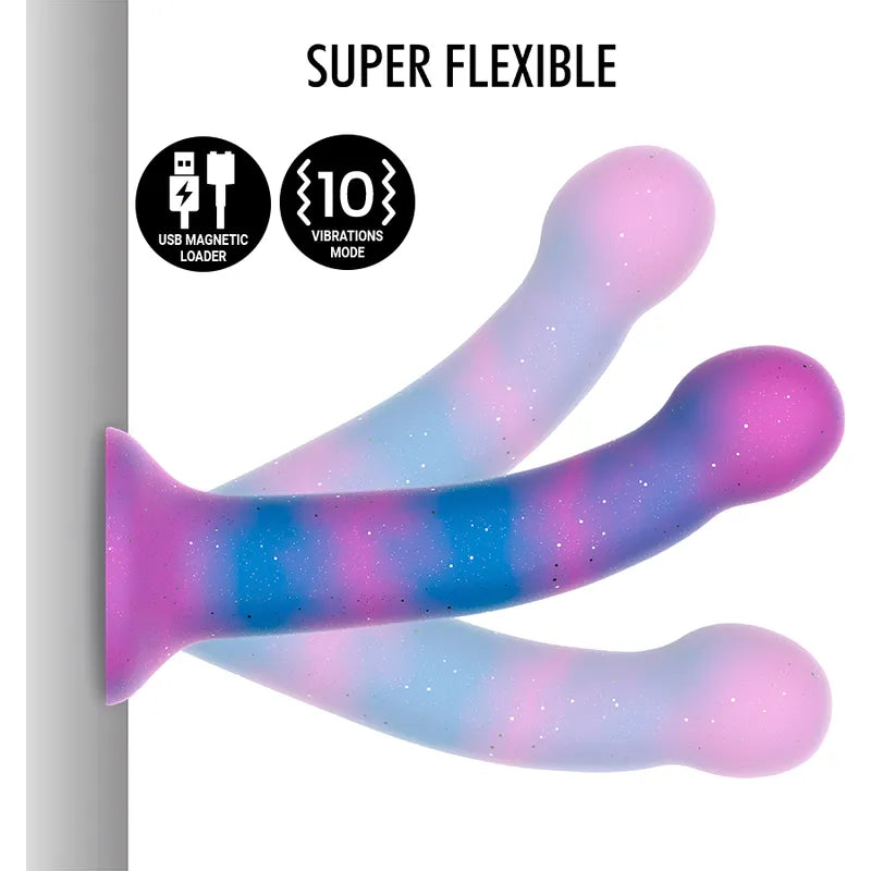 Gode vibrant galactique silicone rose-violet, courbé, stimulation point G, rechargeable magnétique, 10 modes vibration.