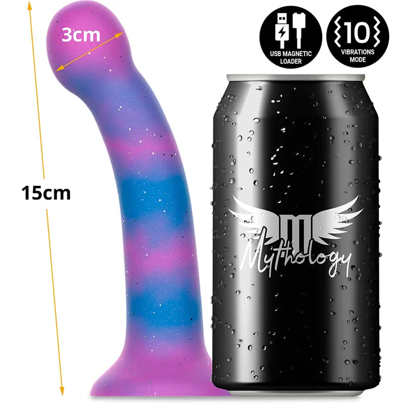 Gode vibrant galactique silicone courbé, finition multicolore, 15cm, stimulation point G, rechargeable, hypoallergénique.