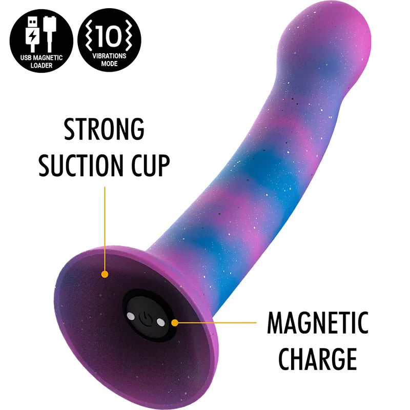Gode vibrant galactique silicone, courbé, violet-bleu, ventouse, recharge magnétique, stimulation ciblée point G.