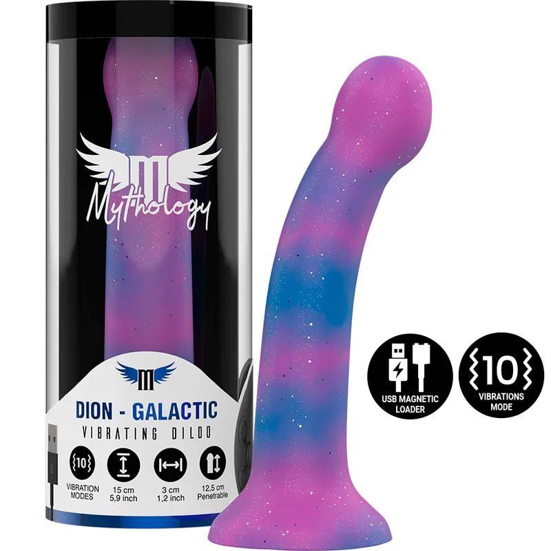 Gode vibrant galactique courbé rose et bleu, silicone premium, stimulation point G, rechargeable, 10 modes vibration.