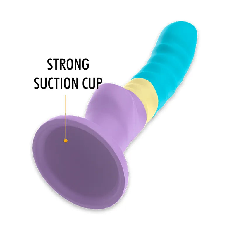Gode fantaisie pastel silicone taille M, forme ergonomique, couleurs pastel, ventouse robuste, compatible harnais.