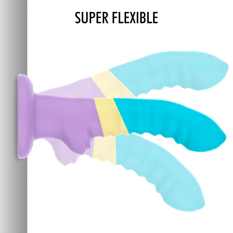 Gode pastel silicone taille M, couleurs douces, ergonomique, flexible, ventouse robuste, compatible harnais.