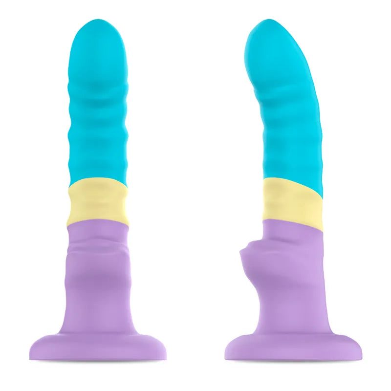 Gode pastel silicone taille M ergonomique, ventouse robuste, design ondulé, couleurs bleu, jaune et violet.