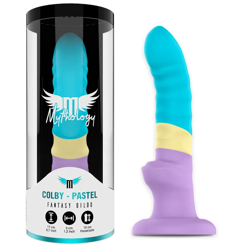 Gode fantaisie pastel silicone taille M, couleurs bleu, jaune, violet, design ergonomique, ventouse robuste, MYTHOLOGY.