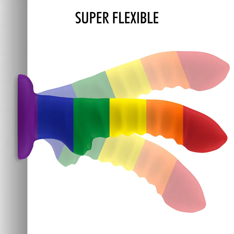 Gode fantaisie silicone arc-en-ciel flexible avec base d'aspiration puissante, stimulation ergonomique Point G et prostate.