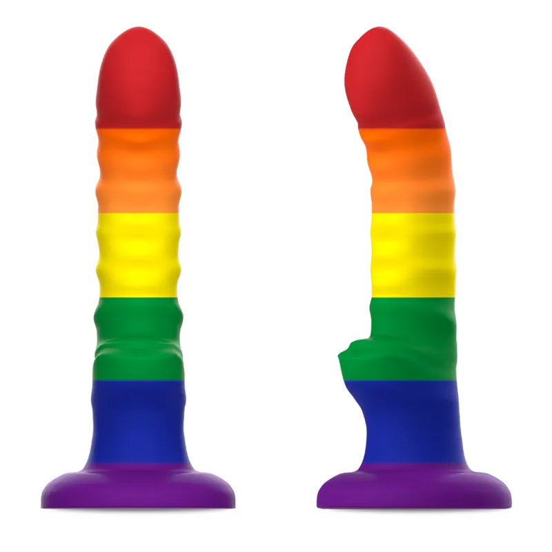 Gode silicone arc-en-ciel flexible avec base d'aspiration, design ergonomique pour stimulation Point G et prostate.