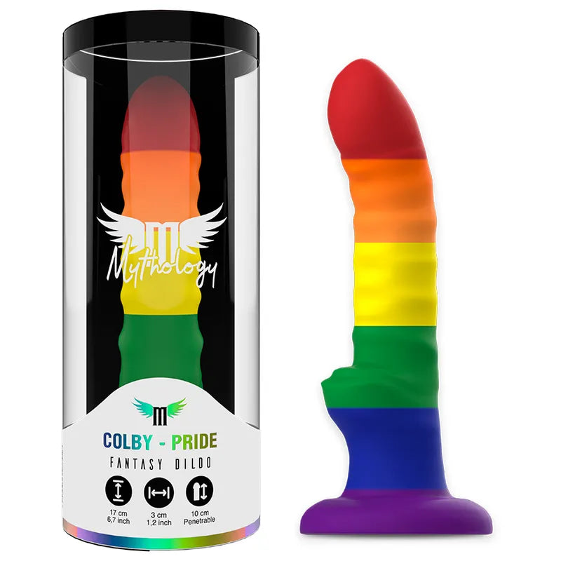 Gode en silicone arc-en-ciel, flexible, base d'aspiration, stimulation Point G et prostate, emballage transparent.