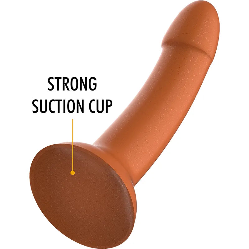 Gode silicone doré ergonomique, finition brillante, ventouse puissante, longueur insérable 14,5 cm, diamètre 4 cm.