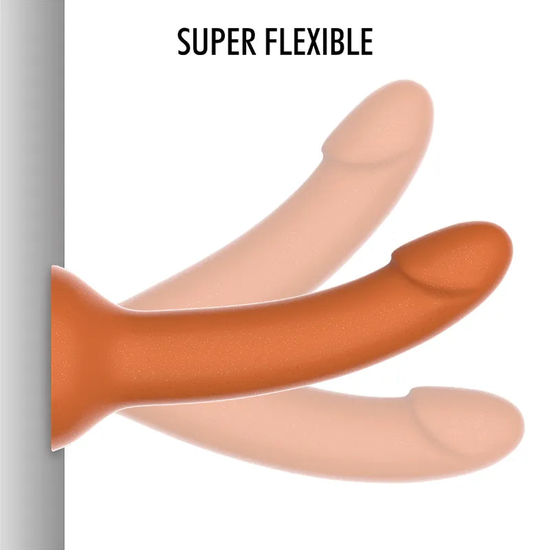 Gode silicone doré ergonomique, ventouse puissante, finition brillante, longueur insérable 14,5 cm, diamètre 4 cm.