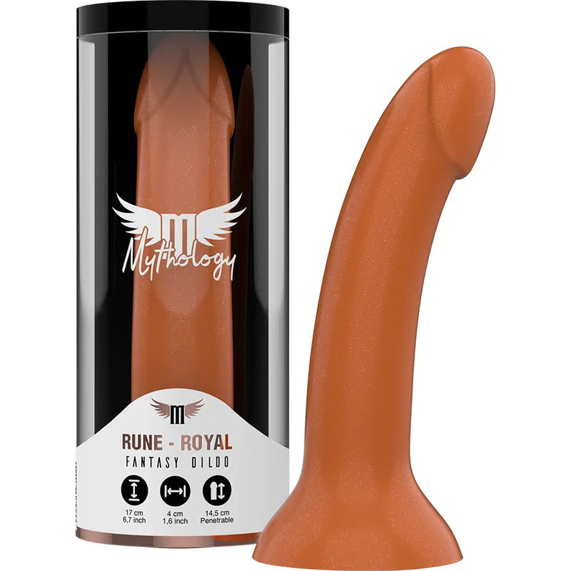 Gode silicone doré ergonomique, finition brillante, ventouse puissante, longueur insérable 14,5 cm, diamètre 4 cm.