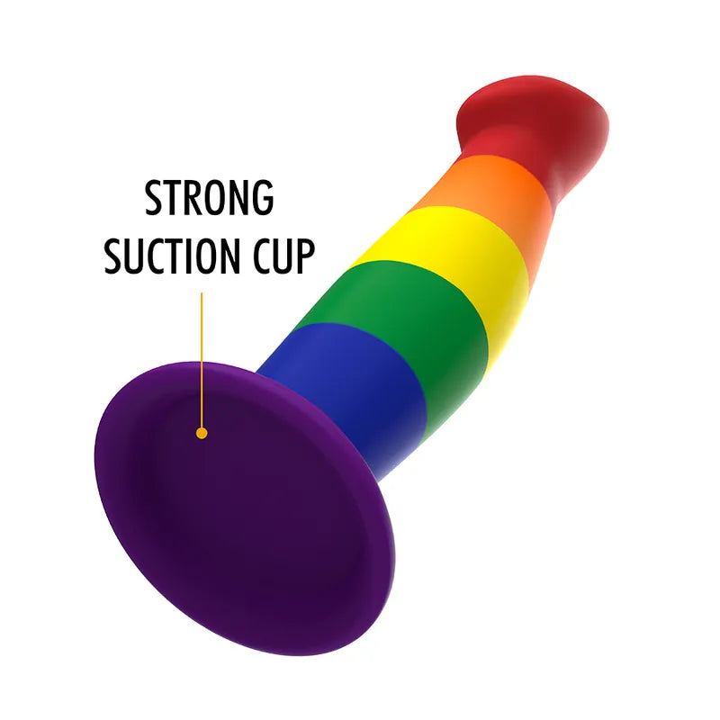 Gode fantasy silicone arc-en-ciel, flexible, 15 cm insérable, base ventouse forte, texture ergonomique, mythologie.