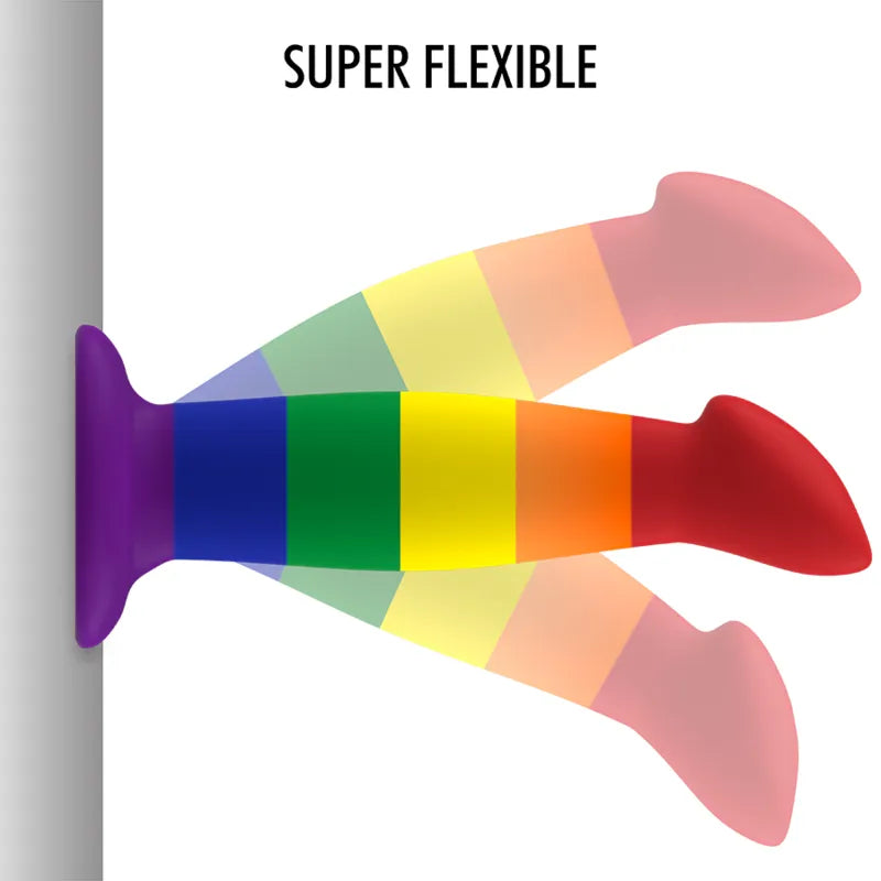 Gode fantasy silicone arc-en-ciel flexible 15 cm, base ventouse, texture ergonomique, design mythologie.