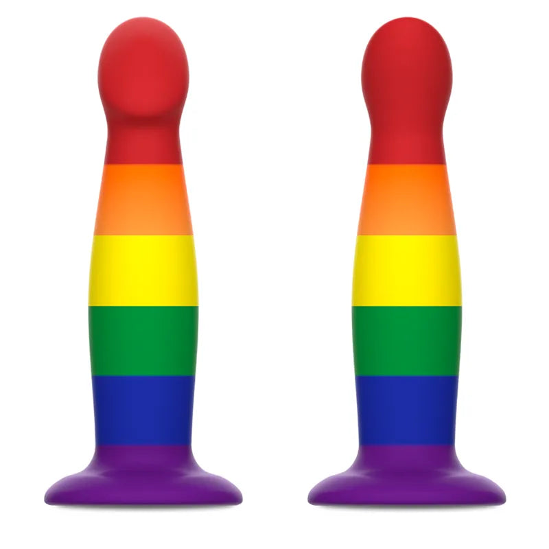 Gode fantasy silicone arc-en-ciel, 15 cm insérable, base ventouse, texture ergonomique, flexibilité exceptionnelle.