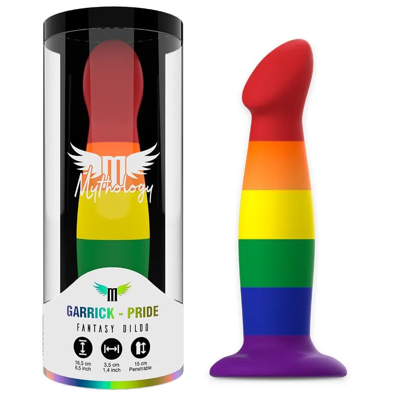 Gode fantasy silicone arc-en-ciel, 15 cm insérable, base ventouse, texture ergonomique, gamme Mythology.