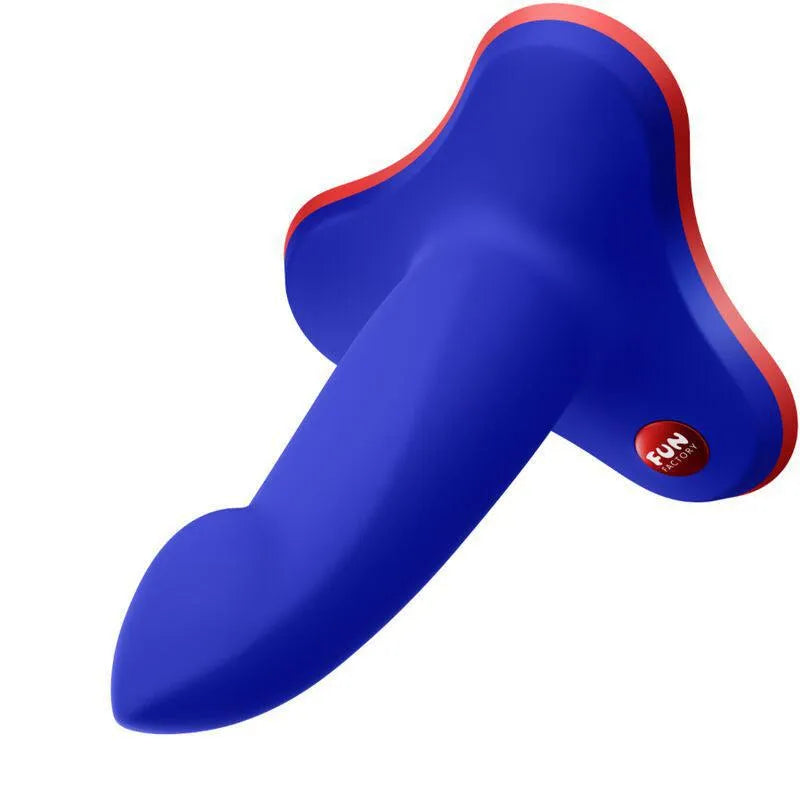 Gode bleu flexible ergonomique pour massage point G et prostate, tige fine, base adhérente rouge, hypoallergénique.