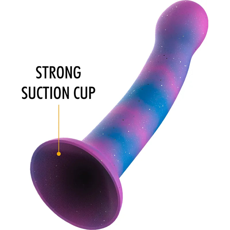 Gode galactique courbé irisé, silicone premium, base ventouse robuste, stimulation point G, couleur violet-bleu.