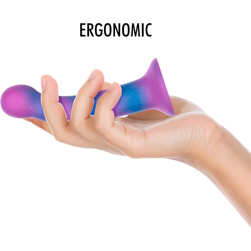 Gode galactique courbé violet et bleu, silicone premium, base aspiration, stimulation point G, finition irisée.