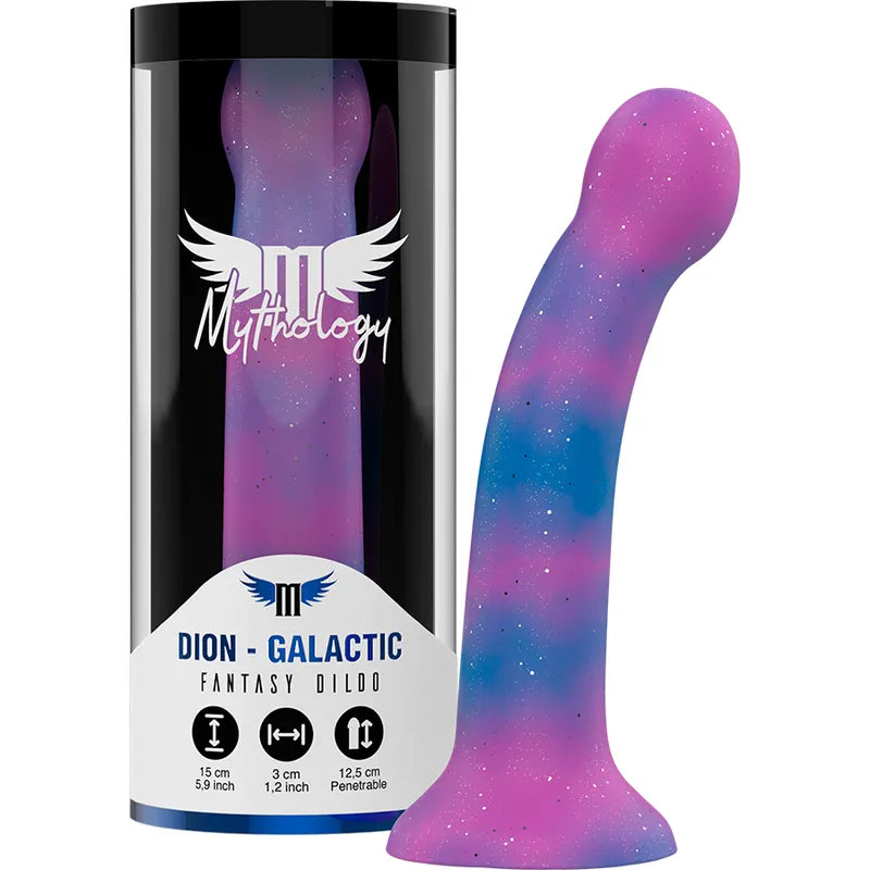 Gode galactique courbé rose et bleu, finition irisée, silicone premium, base aspiration, stimulation point G, 12cm insérable.