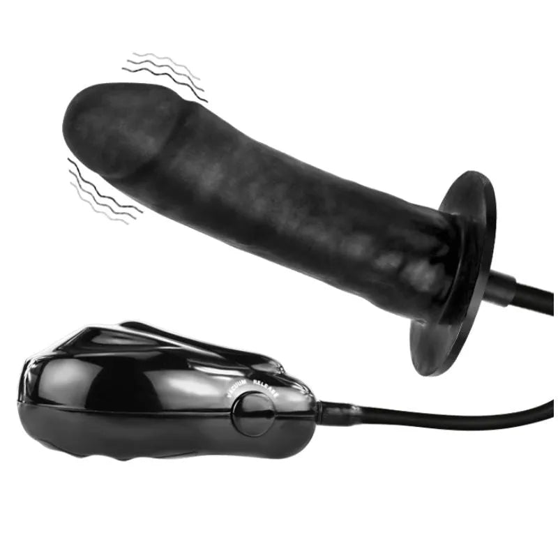 Gode gonflable noir en latex vibrant, forme ergonomique, avec télécommande multi-vitesses et valve de gonflage rapide.