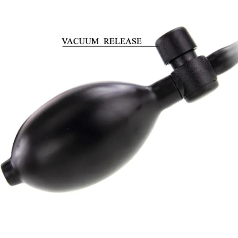 Gode gonflable veineux noir avec ventouse, texture réaliste, diamètre ajustable, longueur 15 cm, fixation puissante.
