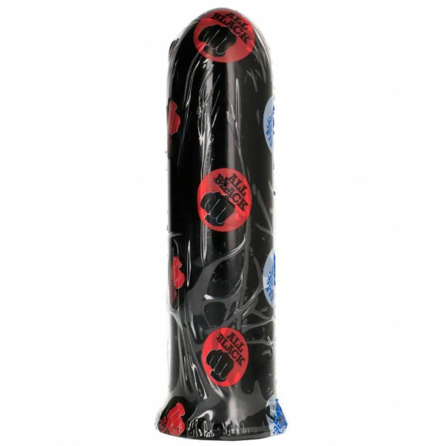 Gode noir 19cm, 45mm diamètre, texture lisse, pour utilisateurs expérimentés, emballé avec logos rouges et bleus.