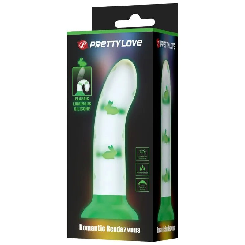Gode lumineux vert en silicone avec ventouse, forme réaliste, détails lapin, rechargeable, étanche, emballage visible.