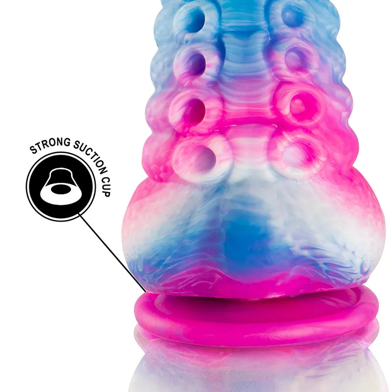 Gode mythologique silicone rose-bleu texturé, ventouse robuste, design inspiré des légendes grecques pour plaisir sensoriel.