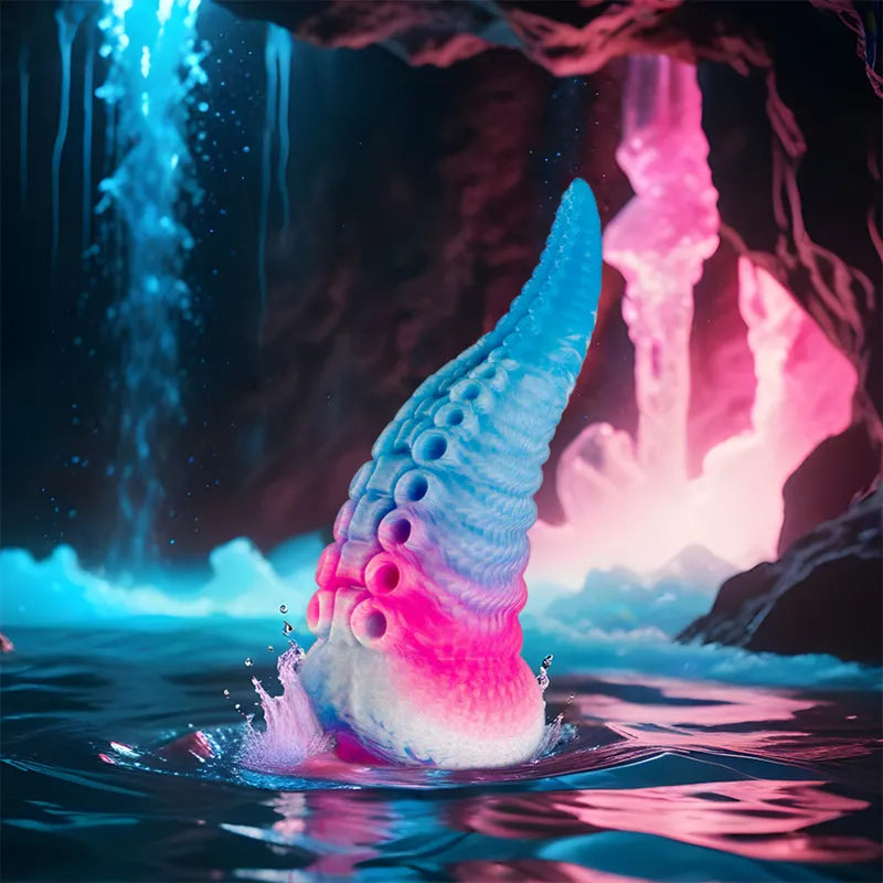 Gode mythologique en silicone bleu et rose, texturé et ergonomique, inspiré des légendes grecques, dans une grotte lumineuse.