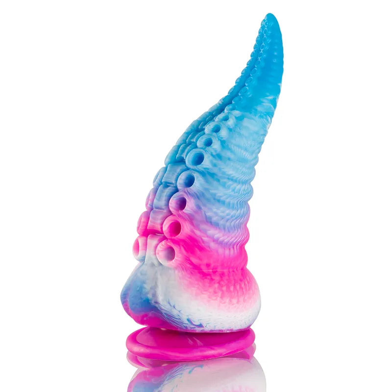 Gode mythologique silicone bleu rose texturé ergonomique, inspiré des légendes grecques, sur fond blanc.
