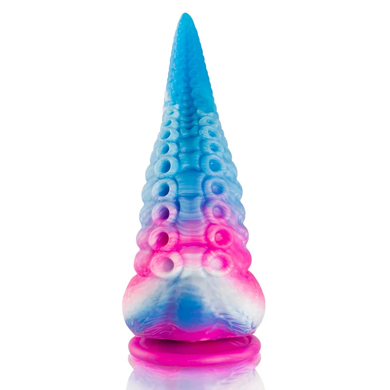 Gode mythologique en silicone bleu et rose, texturé, ergonomique, inspiré des légendes grecques pour stimulation sensorielle.